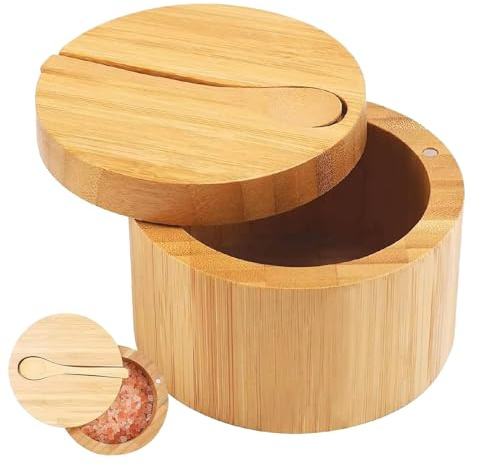 Salero - Conjuntos de salero y pimienta | Contenedor de sal para cocina | Bodega de sal con tapa | Tarro de condimento para el hogar con cuchara | Caja de sal redonda de madera | Soporte de sal para