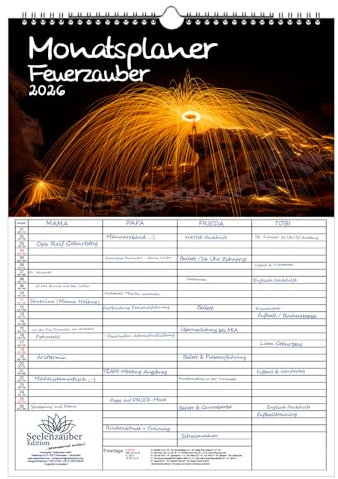 Feuerzauber Family Planner 4 Column Planner DIN A3 Calendar for 2026 Fire Set 1 x Calendar 1 x Christmas 1 x Greeting Tag (3 Pieces)