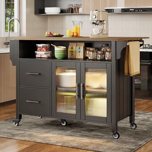 KUAKE Kücheninsel mit herausnehmbaren Trennwänden, Speisewagen mit Arbeitsplatte, Buffetschrank, Speisewagen mit Glasvitrine in Holzmaserung, LED-Leuchten, seitlicher Handtuchhalter mit Rollen