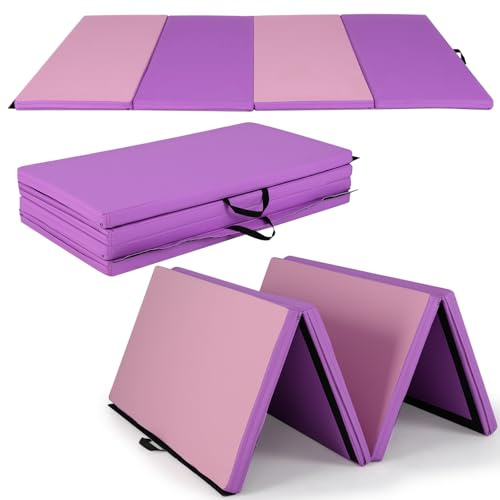 SPOTRAVEL 4-Panel Folding Gymnastics Tumbling Mat, 8FT x 4FT PU Leather Tumbling Mats with 2 Carry Handles, Thick Foam Soft Matt for Yoga, Stretching, Aerobics, Home & Gym (Violet+Pink)