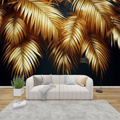AevuCub Palm Leaves Wallpaper for Living Room - Black and Gold Wall Murals for Bedrooms, Tropical Leaf Wall Art, Non-Woven Photo Wallpaper 3D Effect, 150x105 cm
