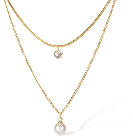 Glintara Layered Damen Kette, Perle Mehrreihige Halskette für Mädchen, Doppel Multilayer Perlenkette Lang mit Zirkonia, Wasserfest Layering Kette Gold, Hypoallergen Halskette Modeschmuck für Geschenk