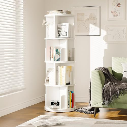 Nordivale Drehbares Bücherregal 360° Frei, Brehregal Düroregal Weiß, Bücherregal Kinder, für Wohnzimmer, Arbeitszimmer, Büro, als Raumteiler, 4 Ebenen