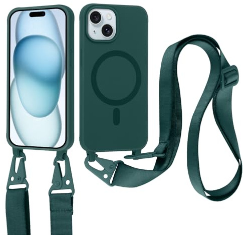 Jrkvniv Coque Magnétique pour iPhone 15 avec Cordon, Compatible with MagSafe, Silicone Housse avec Lanyard Réglable Portable, Antichoc Anti-Chute Bandoulière Lanière Case pour iPhone 15, Vert