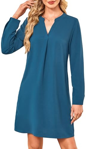 Amoretu Kleider für Damen V Ausschnitt Langarm Midi Lässiges Blusenkleid mit Taschen