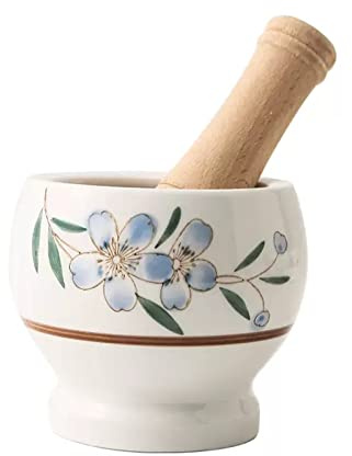 Piccolo mortaio e pestello lucidato, Set Suribachi e Surikogi in ceramica Set Elegante Ceramica Motivo Floreale Bianco Grinder Spezie Erbe Grinder(L)