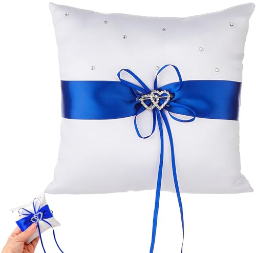 Qanye 1 Pezzo Cuscino per Fedi Nuziali a Doppio Cuore, 20x20 cm Porta Fedi Matrimonio Romantico, Cuscino per Anelli Nuziali, Elegante Accessorio per Cerimonia Matrimonio (Blu)
