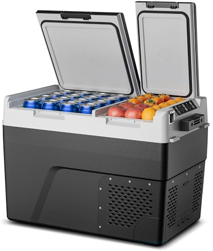 Feelfunn 12 volt kylskåp bilkylskåp – 61 QT (58 L) elektrisk kylare med dubbla zoner, bilkylskåp – 15,6 °F~44 °F, bärbart kylskåp 12/24 V DC 100-240 V AC, bärbar frys för resor camping husbil hem