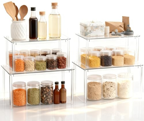 ExKeen 4er Set Acryl Küchen Organizer, Durchsichtiges Schrankorganizer-Regal, Stapelbar, Erweiterbar, Regaleinsatz für Küchenschrank für Makeup, Badezimmer, Schränke, Küchenvorratsorganisation