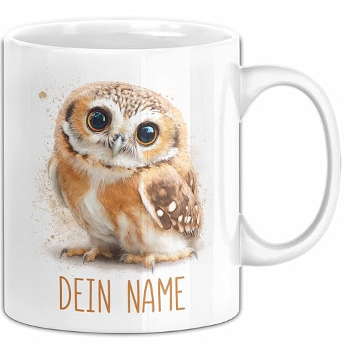 Eulen Tasse mit Namen – Personalisierte Kaffeebecher Tiermotiv Geschenkidee Mädchen Junge (Weiß)