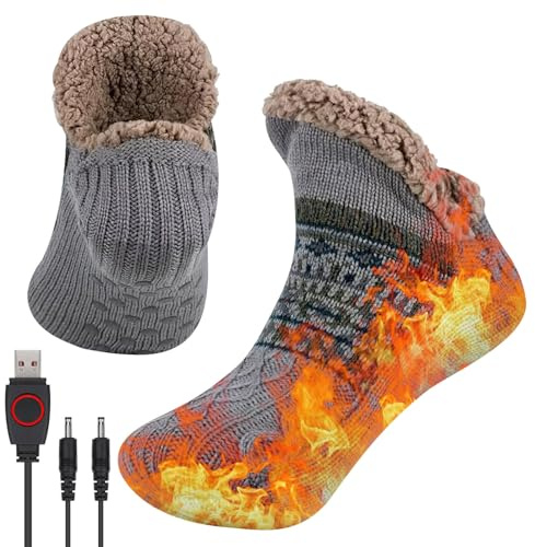 Elektrisch Fußwärmer 3-Stufig Elektrische Heizsocken für Damen und Herren, Flauschig Beheizbare Socken Winterwarm Beheizte Socken mit Rutschfester Sohle, Fleecefutter, für Zuhause, Büro und Reisen