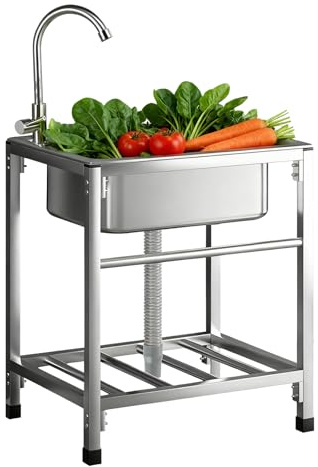 Lavello in Acciaio Inox Esterno, Lavandino con Rubinetto Lavandino Commerciale Lavelli Autoportante Lavello di Utilità Lavabo Cucina Lavamani Industriale Per Esterni Cortile Giardino 48X35cm
