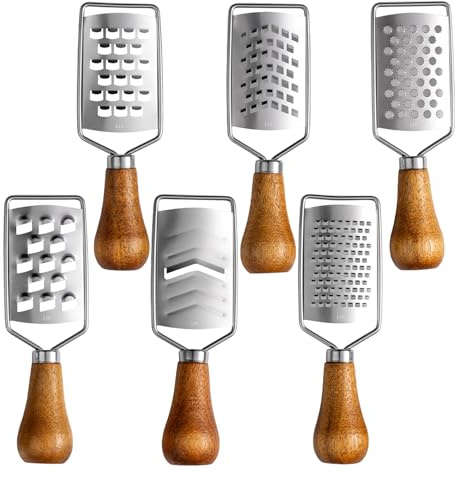 Angoily Râpe à Fromage Mini 6 Pcs en Acier Inoxydable avec Poignée Bois – Râpe à Petits Trous, Coupe-légumes Multifonctionnel, Zesteur Portatif, pour Fromage, Fruits, Légumes Cuisine