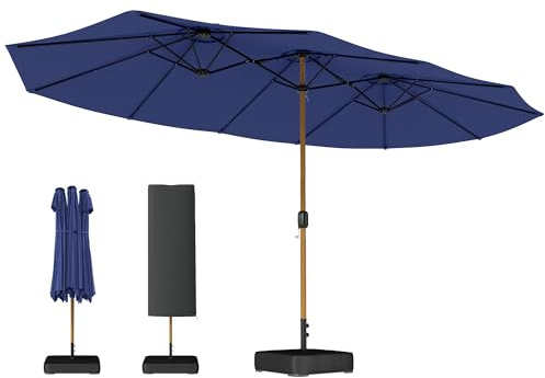 Outsunny Sombrilla Doble 4,7x2,8 m, Sombrilla Terraza Exterior con Base Incluida, Manivela Manual, Sacos de Arena y Funda, Anti-UV, Resistente al Agua, Parasol para Jardín, Terraza, Patio, Azul Oscuro