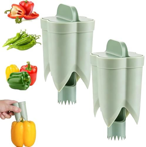 Multifunktionaler Paprikaentkerner, 2-in-1 Paprika Entkerner Werkzeug, Bell Pepper Kern Cutter, Obst- & Gemüse Entkerner für Küche, Familie, Camping und BBQ (Grün 2PCS)