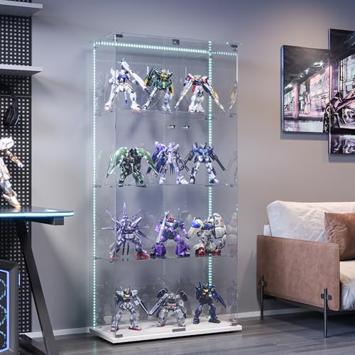 BPKADHY glasvitrinskåp, stående vitrinskåp, glas med LED-belysning, vitrinskåp med glas och 2 dörrar 4 våningar samlarvitrinskåp för böcker, modeller, leksaker (vit, 2 dörr, 4 lager + LED-ljuslist)