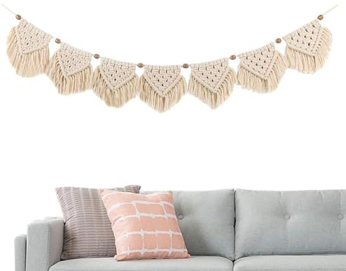 Dajiopao Boho Girlande Wandbehang, Makramee Girlande Mit Holzperlen, Dekoratives Wandaccessoire, Rustikale Wanddeko Im Bohemian Stil Aus Naturfaser, Für Wohnung, Wohnzimmer