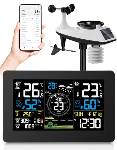 Station Météo Connectée WIFI, 11 en 1 Professionnelle Station Meteo Sans Fil avec Capteur Extérieur, Anémomètre, Pluviomètre, Girouette, Thermomètre, Hygromètre, Prévisions Météorologiques, Indice UV