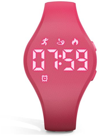Focwony Kids Led Digital Fitness Tracker Watch for Ages 5-15, Red | No App Need, Waterproof, Fashion Sport Wristwatch, With Step Counter, Alarm Clock, Soft Silicone Band