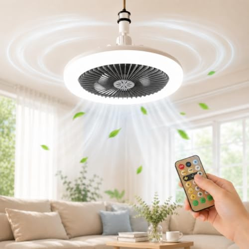 Ceiling Fan Lights with Remote Control - 3 Fan Speeds & 3 Light Modes, Plug in Socket Ceiling Light Bulb Fan Fitting, Practical Combined Light Fan for Bedroom, Kitchen (Grey)