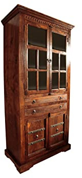 MASSIVMOEBEL24.DE | Oxford Vitrine Akazie 95x50x195, Farbe:Dunkelbraun lackiert, Größe:95x50x195 cm (BxTxH)