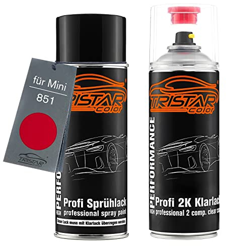 TRISTARcolor Autolack Set Spraydose für Mini 851 Chili Red/Solar Red +2K | Set aus Basislack + 2K Klarlack, Sprühdosen 400ml