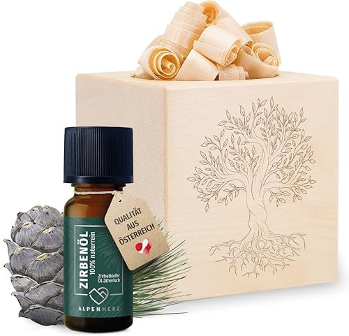 Alpenherz Zirbenwürfel Set - Zirbenöl 10 ml naturrein aus Österreich - Zirbenholz Würfel Duftspender Zirben Duft Holz zur Deko Zirbe Diffuser Geschenke Zirbenlüfter Zirbenset (Baummotiv)