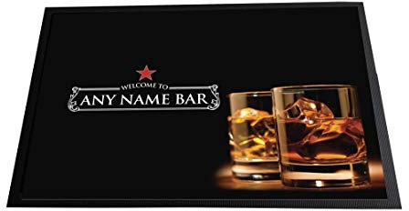 Artylicious Fußmatte, personalisierbar, Bar-Name, Männerhöhle, Hausbar, 60 x 40 cm, schwarze Whiskygläser