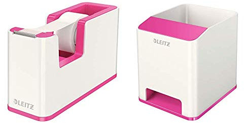 Leitz, Klebeband-Tischabroller, Fester Stand, Inkl. Kleberollen, Weiß/Metallic Pink, WOW, 53641023 & 53631023 Sound Stifteköcher (Soundverstärkungsfunktion, WOW) weiß/metallic pink