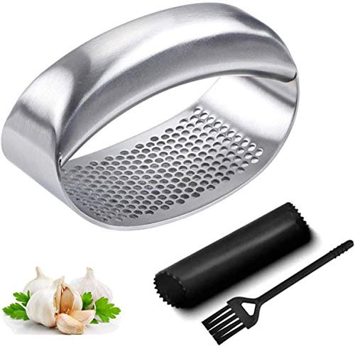 Knoblauchpresse, ergonomisch, arbeitssparend, 304 Edelstahl in Lebensmittelqualität, inkl. Silikon-Schäler und Reinigungsbürste, für Zuhause, Küche, Gadget (Größe A, Silber)