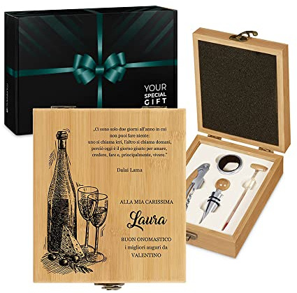 Maverton Set di Accessori da Vino, Kit Cavatappi da Vino Degustazione | Perfetta Personalizzato, Scatola in Legno di bambù + 4 Pezzi di Accessori Vino, Regalo Donna, Giorni