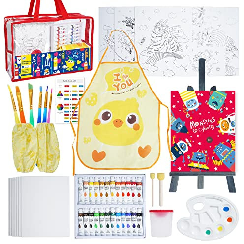 KIDDYCOLOR Malset für Kinder, 52 teiliges Kindermalset mit Schürze, 24 Farben Acrylfarben, Staffelei aus Holz, 20,3 x 25,4 cm große Leinwände, Pinsel und Aufbewahrungstasche, komplettes Malset