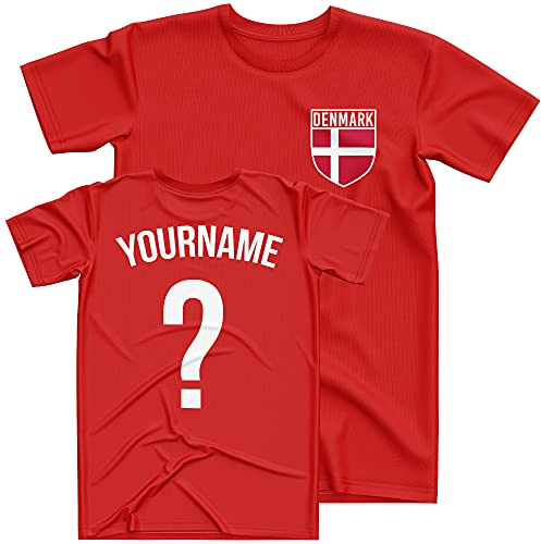 Denmark Football Shirt Kids - Denmark Flag Badge Custom Name And Number T Shirt - Football Personalised Retro Europe Summer 2021 Footy Gifts For Boy - Unique European Footie Top, 5-6 Years, Red