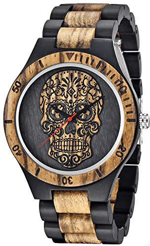 Dentily Men's Wood Watches Handmade Woooden Analog Quartz Skull Face Pattern Wooden Watch