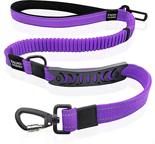 Q.K Reflective Bungee Dog Lead with 2 Padded Handles & Car Seat Belt Buckle, Shock Absorbing and Adjustable for Large Medium Small Dogs