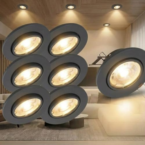 Trango 6er Set 6729-061MCOB LED Einbaustrahler in Anthrazit matt schwenkbar inkl. 6x 5 Watt 3000K warmweiß Ultra Flach LED Modul, Einbauspots, Deckenstrahler, Deckenlampe, Badleuchte, Deckenleuchte