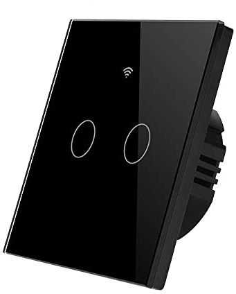 ENER-J Smart WiFi Touch Light Switch 2 Gang No Neutral Wire Required Black Glass Panel Independent Dual Control Works with Alexa and Google Home App Remote Access Includes Mini Adapter