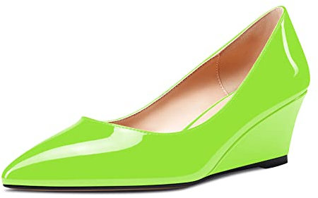 Aachcol Mujer cuña Esparto Medio Heel Puntiaguada Punta Pumps Slip-on Zapatos de Boda Fiesta 5 CM Verde Lima Charol 43 EU
