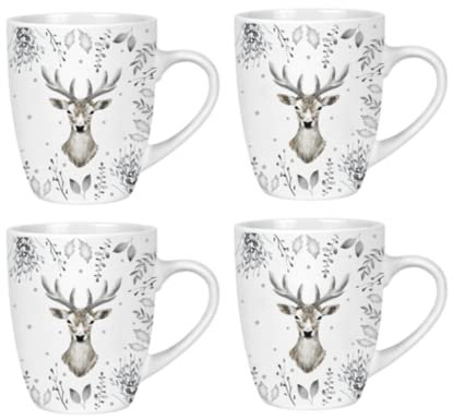 Set of 4 White and Silver Christmas Mugs Stag Deer Foliage Print 350ml Mug Set Coffee Cups Xmas Gift Festive