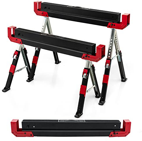 COSTWAY 2 Caballetes Plegables, Caballete de Acero con 2 x 4 Brazos de Soporte, Altura Ajustable de 61,5 a 82,7 cm, Caballetes de Sierra Portátiles, hasta 1180kg (Negro + Rojo)