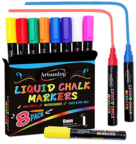 Artsunlvy 8 Colors Chalk Markers, Chalk Pens, Erase Marker, Non-Toxic, Water-Based, Reversible Tips, Chalkboard Markers for Adult, Car Windows, Glass