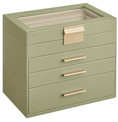 SONGMICS Boîte à Bijoux, Écrin à Accessoires 4 Niveaux, Coffre de Rangement, Couvercle en Verre, 3 Tiroirs, pour Lunettes de Soleil, Rangement pour Bijoux, Vert Laurier et Blanc Crème JBC161C02