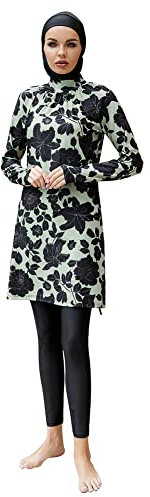 IWEMEK Burkini Damen Muslim Ganzkörper Badeanzüge Langarm Schwimmkleid + Bade Leggings Schwimmhose + Hijab 3tlg Sonnenschutz Bademode Islamische Schwimmanzug Arabisch Badebekleidung Schwarz 12 XL