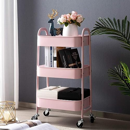 Lvhecforhm Rollwagen 3 Ebenen, Küchenwagen mit Griff, Küchenwagen Servierwagen, Mobile Aufbewahrungsbox mit Rädern, Aufbewahrungswagen für Küche Schlafzimmer, Büro, Make-up Badezimmer, Rosa
