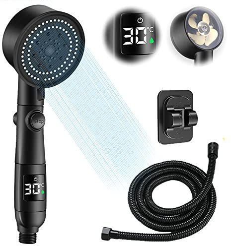 Pommeau de Douche à Économie D'eau Avec Affichage de la Température - Haute Pression, 5 Modes, Tuyau de 2 m et Support Non Perforé pour Bain