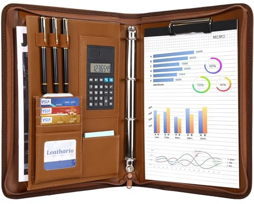 Leathario Schreibmappe A4 mit 5 Klarsichthüllen,Konferenzmappe mit 4 Ringbuch Reißverschluss,Dokumentenmappe mit Notizblock,Ringmappe für Meeting, Business,ikl.1 Kugelschreiber