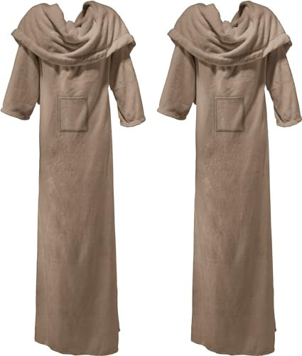 Erwin Müller Fleece Wohndecke XXL Foggia mit Ärmeln 2er-Pack Taupe Größe 150x220 cm - aufgenähte Taschen, superweich, pflegeleicht