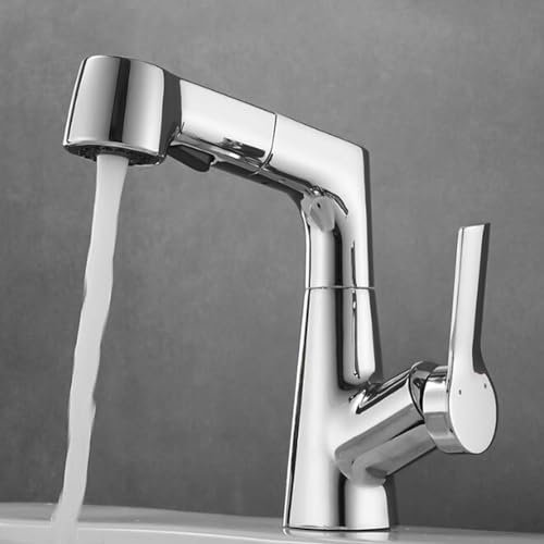 Grifo Lavabo Extraible con Ducha, Grifos de Lavabo Latón Agua Fría y Caliente Monomando Grifo para Lavabo de Baño-Cromo
