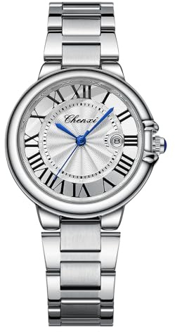 Silverora Damenuhren Paaruhren Edelstahl Kalender: 3ATM Wasserdicht Dreidimensionale Analoge Quarz Armbanduhr mit Römische Skala Datum Edelstahlarmband Uhr Geschenke für Frauen Silber