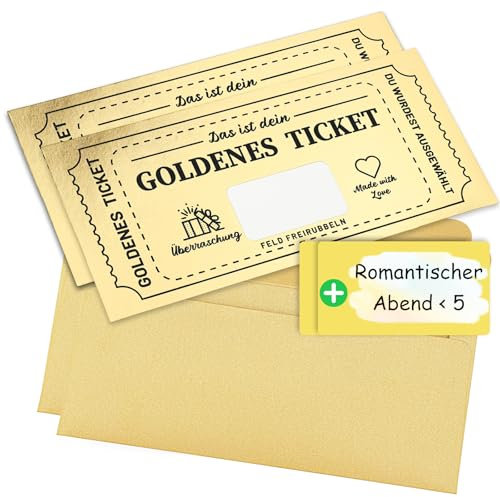 2 Stk Goldenes Ticket Gutschein zum Selber Ausfüllen mit Rubbelaufkleber, Rubbellose Selber Machen, Golden Ticket Set, Rubbelkarten zum Selber Beschriften,Geburtstagskarte Reise Geschenke für Freundin